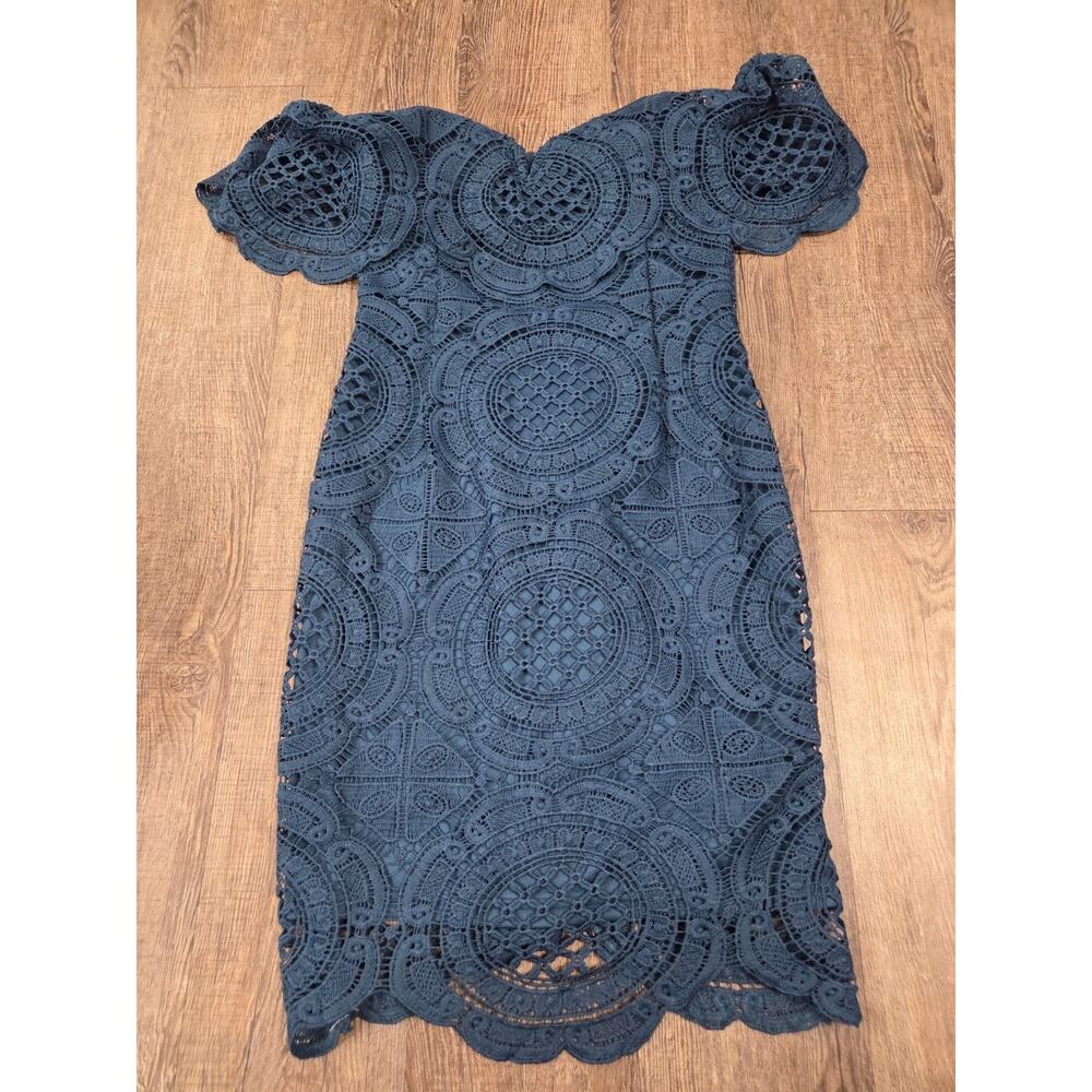 Lulu's Deep Navy Crochet Off-Shoulder Midi Dress